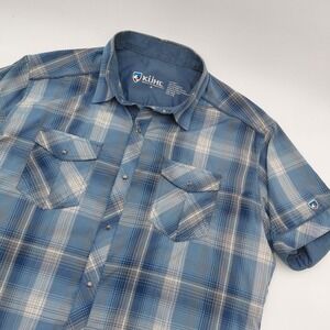Kuhl Button Down Short Sleeve Shirt Mens M Plaid Pearl Snap Blue Lightweight